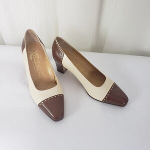 Vintage Classique Shoe Salon color block pump block heel brown ivory 38.5